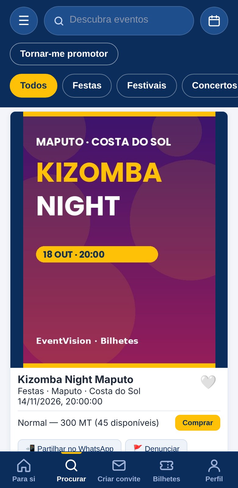 Categorias de eventos na app