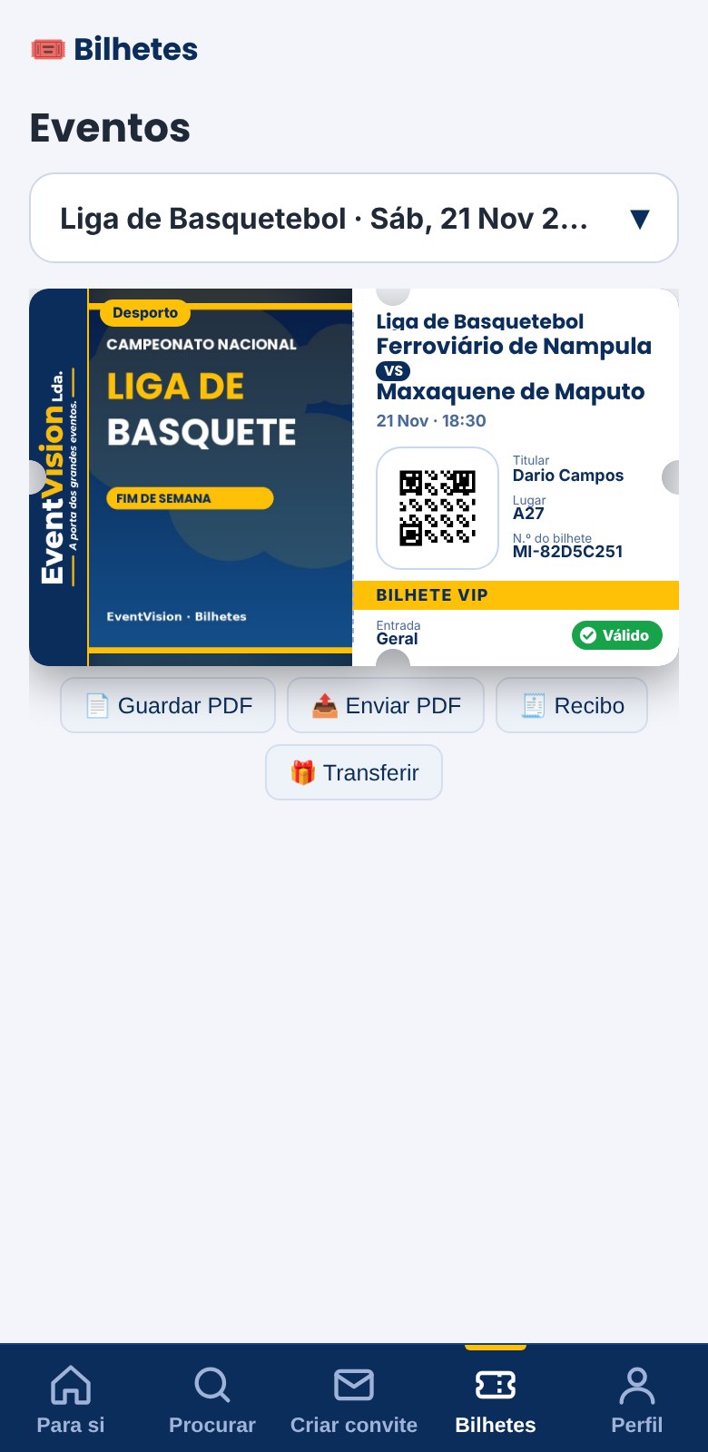 Bilhete com QR Code na app